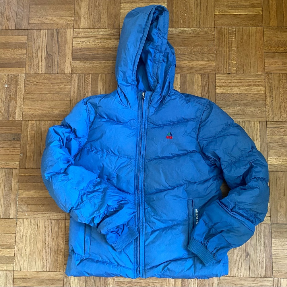 Vintage Abercrombie Cherry Puffer Jacket Hood Adjustable Sleeve Blue Large